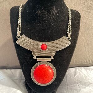Silver-Tone Statement Necklace with Red Cabochon Accents